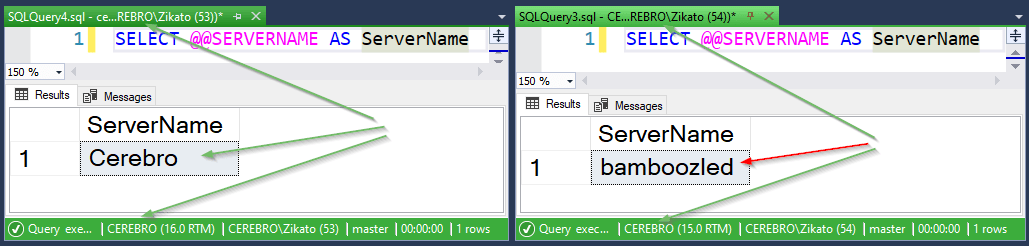 SSMS showing same information in the tab and status bar for both windows, but two different server names