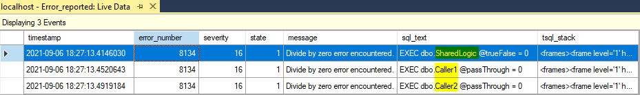 Extended events with errors reported