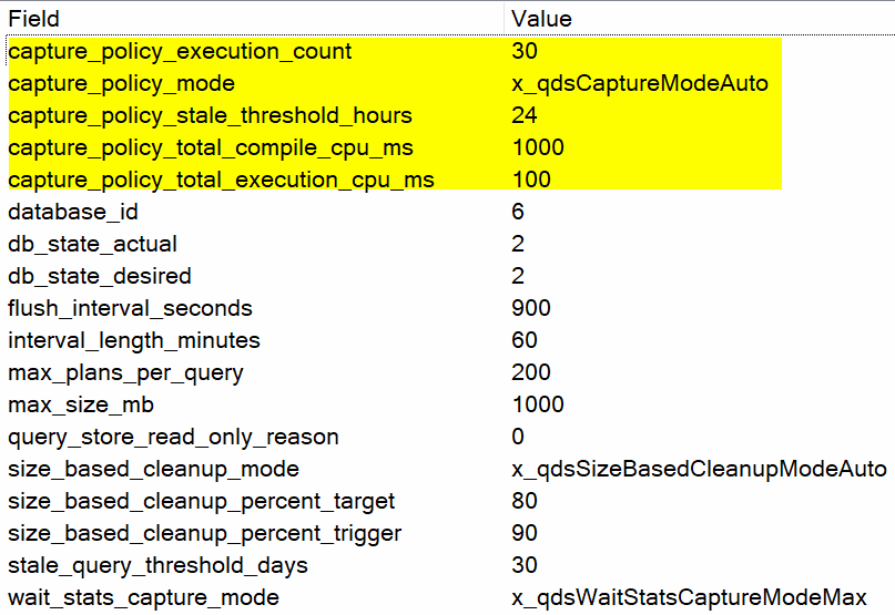 Extended Events query_store_db_settings_and_state output - highlighted rows show capture policy values (execution_count=30, stale_threshold=24h, compile_cpu=1000ms, execution_cpu=100ms), confirming Auto mode uses the same values as Custom policy defaults